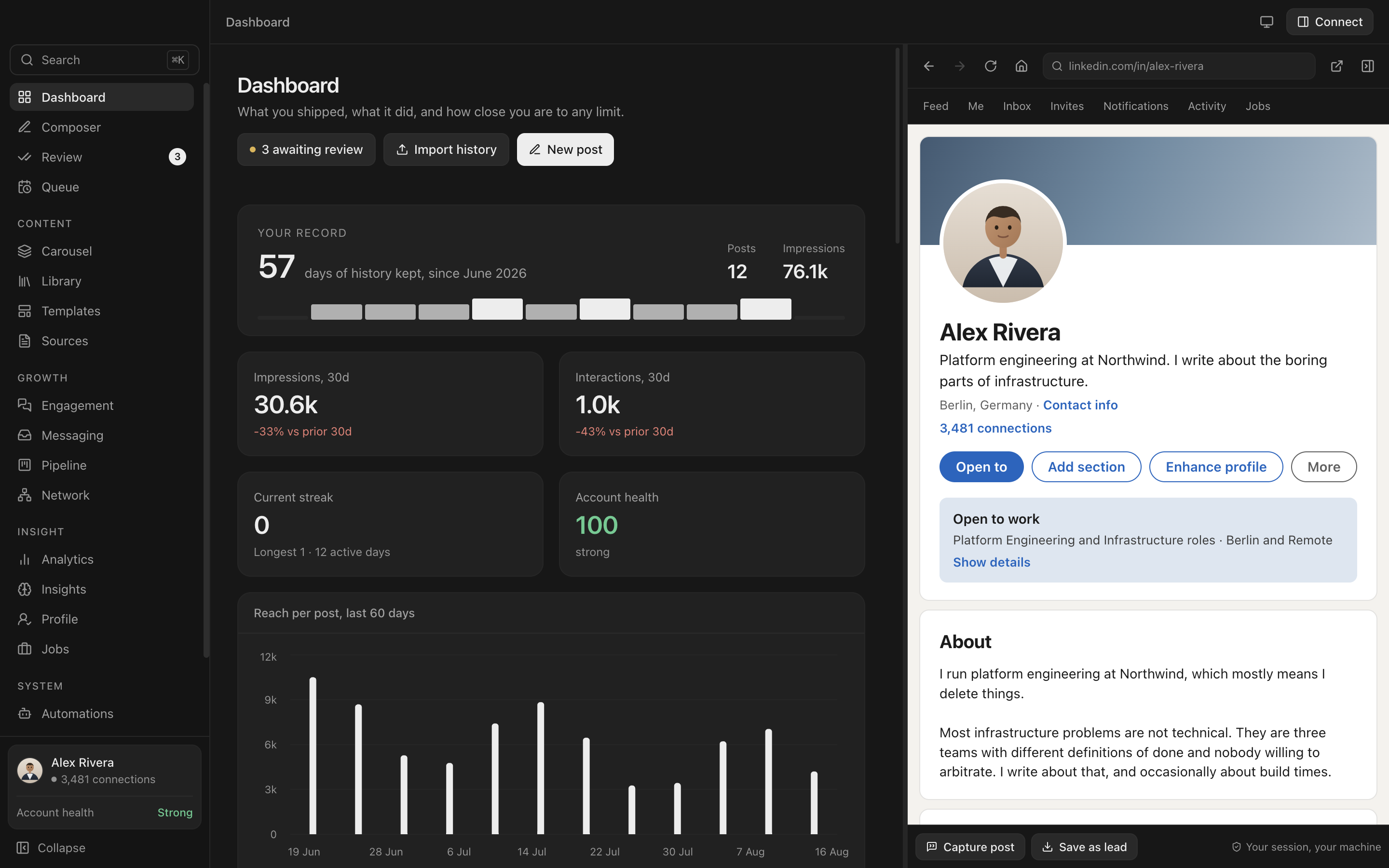 Everpost with the composer on the left and a LinkedIn profile open in a panel on the right of the same window.